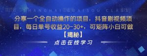 分享一个全自动操作的项目，抖音刷视频项目，每日单号收益20-30+，可矩阵小白可做【揭秘】-水滴知识网