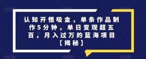 认知开悟吸金,单条作品制作5分钟,单日变现超五百,月入过万的蓝海项目【揭秘】-水滴知识网