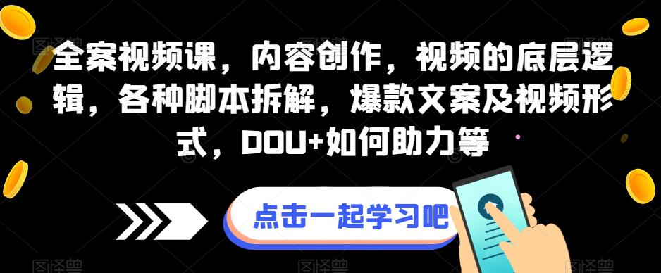 全案视频课,内容创作,视频的底层逻辑,各种脚本拆解,爆款文案及视频形式,DOU+如何助力等-水滴知识网