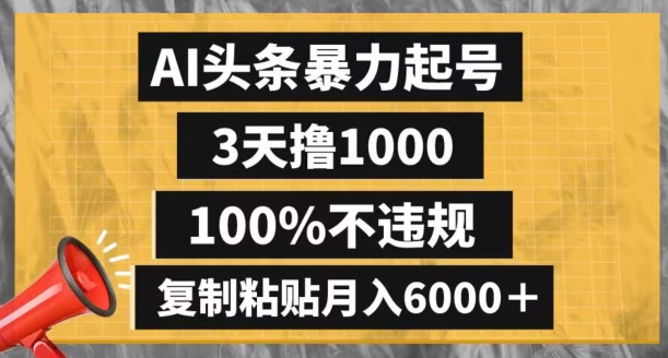 AI头条暴力起号，3天撸1000,100%不违规，复制粘贴月入6000＋【揭秘】-水滴知识网