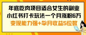 年底吃肉项目适合女生的副业小红书打卡玩法一个月涨粉6万+变现能力强+单月收益5位数【揭秘】-水滴知识网