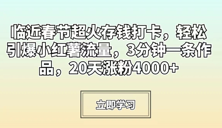 临近春节超火存钱打卡，轻松引爆小红薯流量，3分钟一条作品，20天涨粉4000+【揭秘】-水滴知识网
