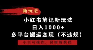 小红书笔记新玩法，日入1000+，多平台搬运变现（不违规），小白可操作，保姆级教程【揭秘】-水滴知识网
