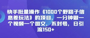 快手批量操作《1000个野路子信息差玩法》的项目,一分钟做一个视频一个图文,不封号,日引流150+【揭秘】-水滴知识网