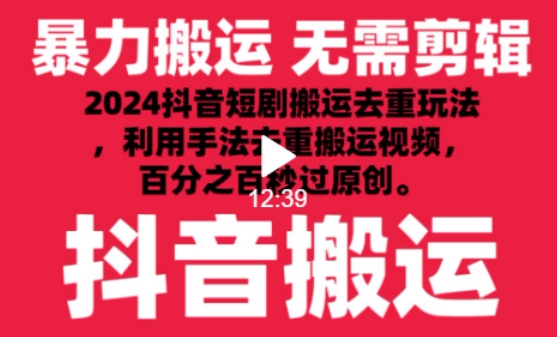 2024最新抖音搬运技术,抖音短剧视频去重,手法搬运,利用工具去重,达到秒过原创的效果【揭秘】-水滴知识网
