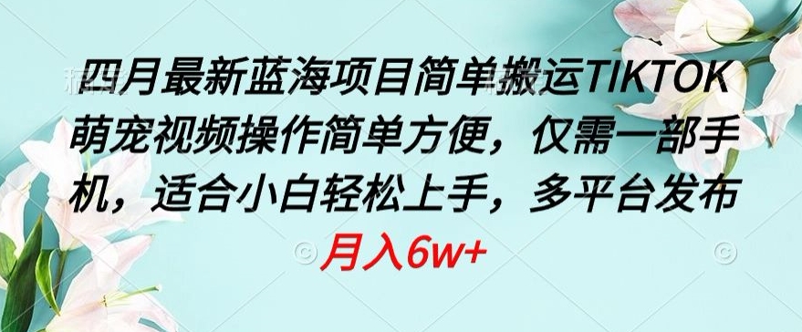 四月最新蓝海项目,简单搬运TIKTOK萌宠视频,操作简单方便,仅需一部手机【揭秘】-水滴知识网
