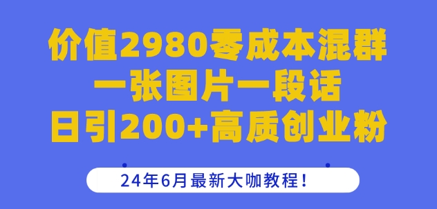 价值2980零成本混群一张图片一段话日引200+高质创业粉,24年6月最新大咖教程【揭秘】-水滴知识网