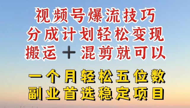 视频号爆流技巧,分成计划轻松变现,搬运 +混剪就可以,一个月轻松五位数稳定项目【揭秘】-水滴知识网
