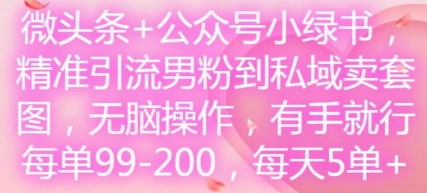微头条+公众号小绿书，精准引流男粉到私域卖套图，无脑操作，有手就行，每单99-200，每天5单-水滴知识网