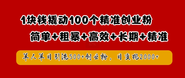 1块钱撬动100个精准创业粉,简单粗暴高效长期精准,单人单日引流500+创业粉,日变现2k【揭秘】-水滴知识网