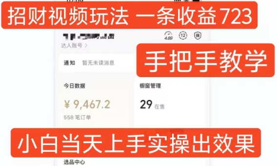 招财视频玩法,一条视频收益723,手把手教学,小白当天可上手-水滴知识网