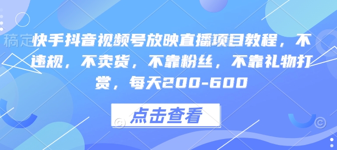 快手抖音视频号放映直播项目教程，不违规，不卖货，不靠粉丝，不靠礼物打赏，每天200-600-水滴知识网