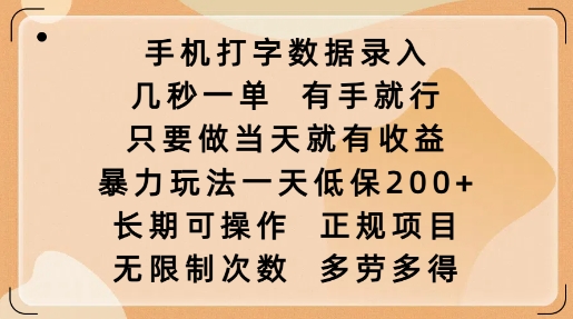 手机打字数据录入,几秒一单,有手就行,只要做当天就有收益,暴力玩法一天低保2张-水滴知识网