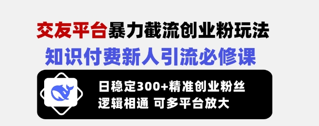交友平台暴力截流创业粉玩法,知识付费新人引流必修课,日稳定300+精准创业粉丝,逻辑相通可多平台放大-水滴知识网