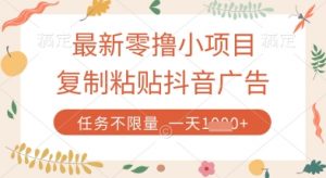 最新零撸小项目，复制粘贴抖音广告即可挣钱，平台大水，任务不限量，一天数张【揭秘】-水滴知识网