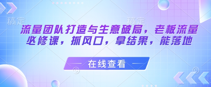 流量团队打造与生意破局,老板流量必修课,抓风口,拿结果,能落地-水滴知识网