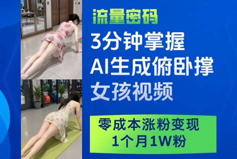 3分钟掌握AI生成俯卧撑女孩视频,零成本涨粉变现,1个月1W粉-水滴知识网