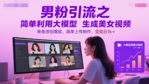 男粉引流之简单利用大模型生成美女视频，条条原创爆款，简单上传制作，变现日1k+-水滴知识网
