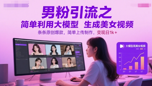 男粉引流之简单利用大模型生成美女视频，条条原创爆款，简单上传制作，变现日1k+-水滴知识网