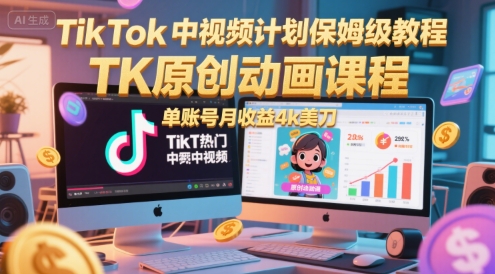 TikTok中视频计划保姆级教程,TK原创动画课程,单账号月收益4k美刀-水滴知识网