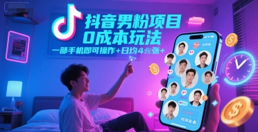 抖音男粉项目0成本玩法，一部手机即可操作，日均4张+，时间自由-水滴知识网