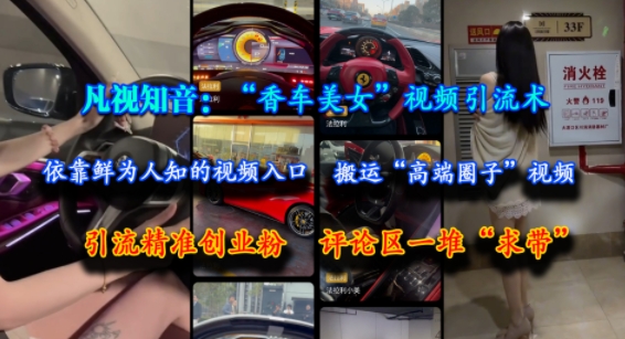 凡视知音:“香车美女”视频引流术,依靠鲜为人知的视频入口,搬运“高端圈子”视频,引流精准创业粉,评论区一堆“求带”-水滴知识网