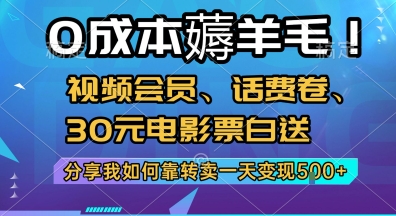 0成本薅羊毛!视频会员、话费卷、30元电影票白送,分享我如何靠转卖一天变现5张+【揭秘】-水滴知识网