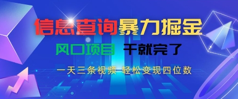 信息查询暴力掘金,一天三条视频,轻松变现四位数,风口项目干就完了【揭秘】-水滴知识网
