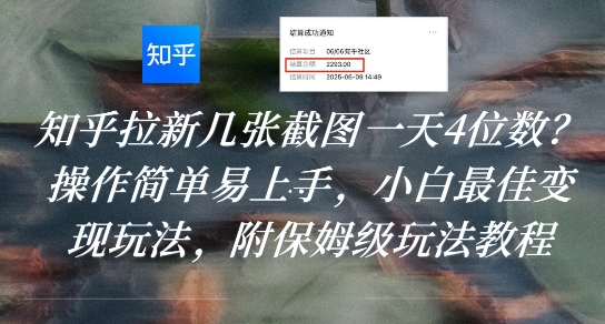 知乎拉新几张截图一天4位数?操作简单易上手,小白最佳变现玩法,附保姆级玩法教程-水滴知识网