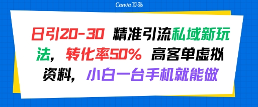 日引 20-30 精准引流私域新玩法，转化率50% 高客单虚拟资料，小白一台手机就能做-水滴知识网
