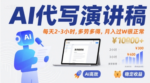 AI代写演讲稿,每天2-3小时,多劳多得,月入过W很正常-水滴知识网