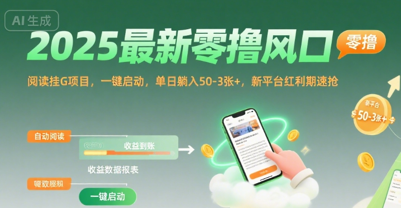 2025最新零撸风口,阅读挂G项目,一键启动,单日躺入 50-3张+,新平台红利期速抢【揭秘】-水滴知识网