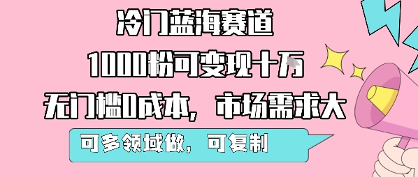 冷门蓝海赛道,1000粉可变现十W,无门槛0成本,市场需求大,可多领域做,可复制性强-水滴知识网