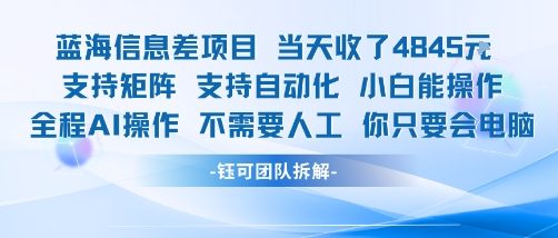 蓝海信息差项目当天收米1k+ 支持矩阵支持自动化小白能操作全程AI操作不需要人工你只要会电脑-水滴知识网