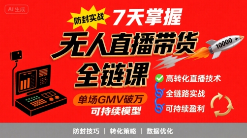 无人直播带货全链防封实战课,7天掌握高转化直播技术,实现单场GMV破万可持续模型-水滴知识网