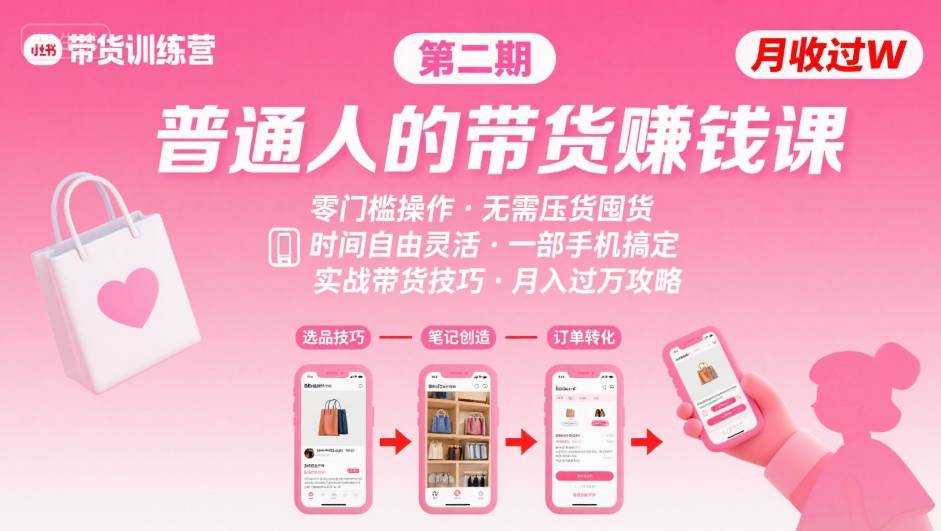 小红书带货第二期训练营，普通人月收过W的带货课，时间自由，零门槛无压货，一部手机即可操作-水滴知识网
