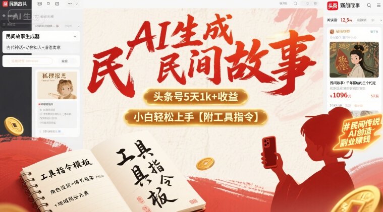 AI生成民间故事,头条号5天1k+,小白轻松上手【附工具指令】-水滴知识网