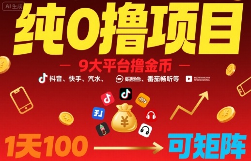 纯0撸项目，9大平台撸金币，抖音，快手，汽水，番茄畅听等，1天100，可矩阵-水滴知识网