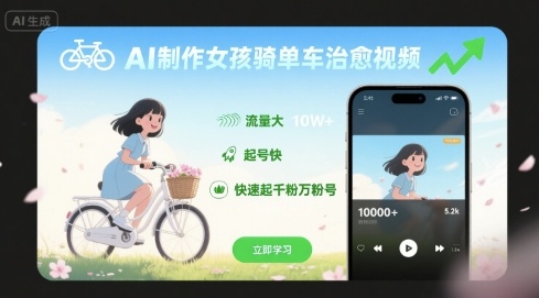 AI制作女孩骑单车治愈视频,流量大,起号快,快速起千粉万粉号-水滴知识网