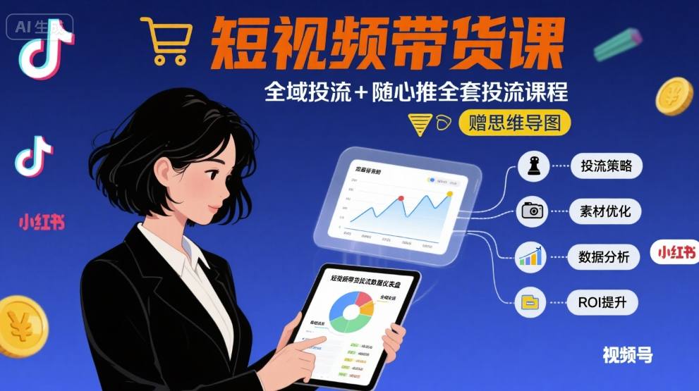 最新短视频带货课,全域投流+随心推全套投流课程+思维导图-水滴知识网