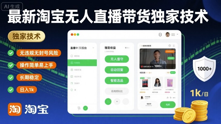 最新淘宝无人直播带货独家技术，无违规无封号风险，操作简单易上手，长期稳定日入1k【揭秘】-水滴知识网