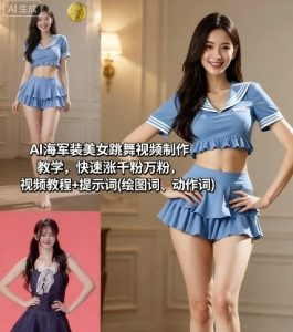 AI海军装美女跳舞视频制作教学，快速涨千粉万粉，视频教程+提示词(绘图词、动作词)-水滴知识网