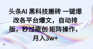 头条AI 黑科技搬砖 一键爆改各平台爆文，自动排版，秒过原创 矩阵操作，月入3w+【揭秘】-水滴知识网
