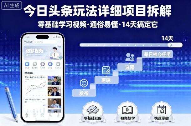 今日头条玩法详细项目拆解,零基础学习视频 通俗易懂 14天搞定它-水滴知识网