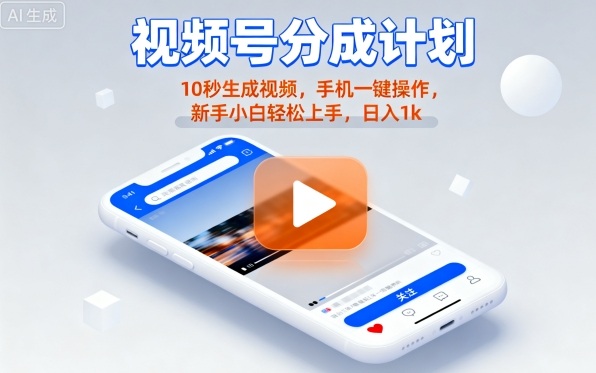 视频号分成计划懒人玩法,10秒生成视频,手机一键操作,新手小白轻松上手,日入1K【揭秘】-水滴知识网