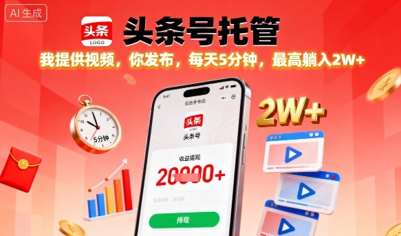 【头条号托管】我提供视频,你发布,每天5分钟,最高躺入2W+【揭秘】-水滴知识网