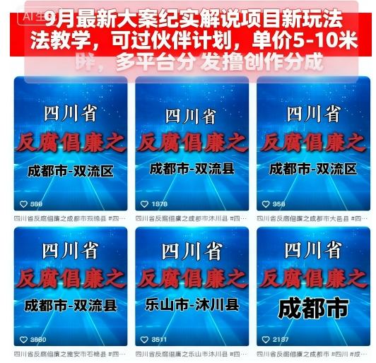 9月最新大案纪实解说项目新玩法教学,可过伙伴计划,单价5-10米,多平台分发撸创作分成-水滴知识网