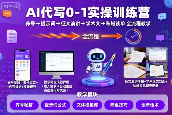 AI代写0-1实操训练营,从养号、提示词、征文演讲、学术文,到私域谈单的全流程教学-水滴知识网