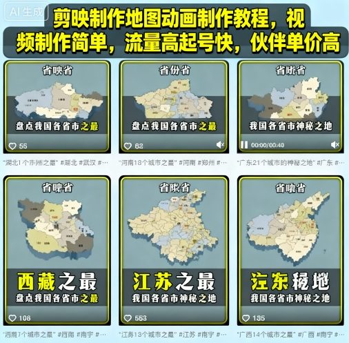 剪映制作地图动画制作教程,视频制作简单,流量高起号快,伙伴单价高-水滴知识网