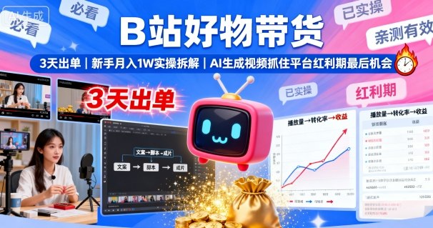 B站好物带货，3天出单，新手月入1W实操拆解，AI生成视频，抓住平台红利期最后机会-水滴知识网